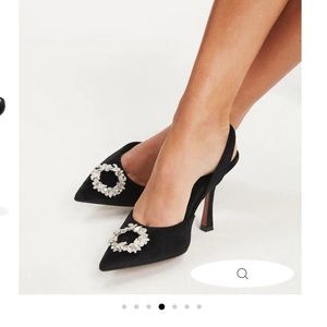 Black velvet slingback embroidery diamond heel NWT